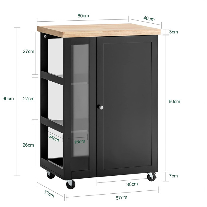Кухонний візок SoBuy FKW75-WN з 1 дверцятами та 3 полицями, натуральний, BHT приблизно 60x90x40см (чорний)