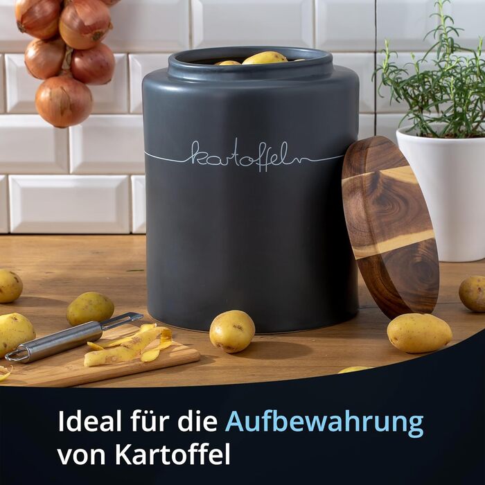 Контейнер для картоплі KHG, кераміка, сірий антрацит з дерев'яним кришкою, 4 кг, з маркуванням, висота 28/21,5 см