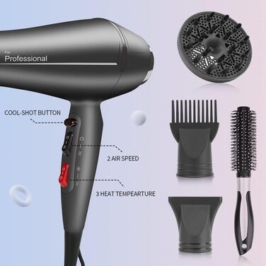 Фен для волосся Faszin Ion Professional Hair Фен - Супер швидкий фен з термостійкою технологією Triple-L Plus, з 4 аксесуарами для укладання світло-сірий