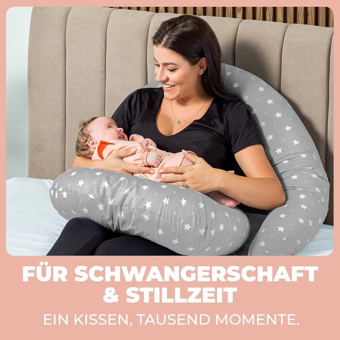 Підтримка для вагітних Stillkissen XXL 200x70см, подушка для годування та сну, балоньєра, бавовняний чохол, ергономічна, багатофункціональна, 100% бавовна, сірий колір з білими зірками
