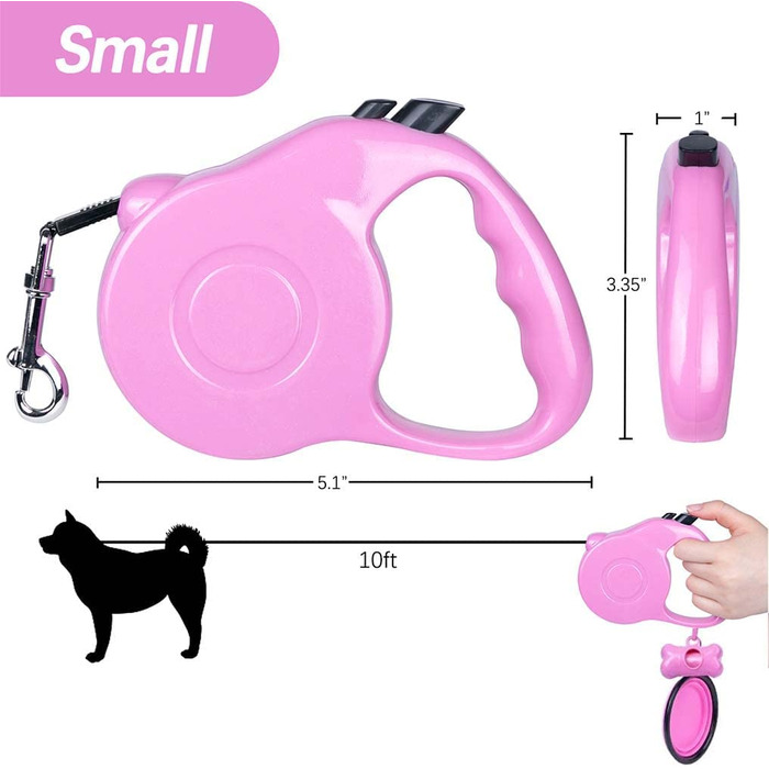 Висувний повідець TiLanmiy для маленьких / великих собак з 1 безкоштовною портативною силіконовою мисочкою для собак 1 дозатор для мішків для корму (маленький, світло-рожевий) Маленький світло-рожевого кольору
