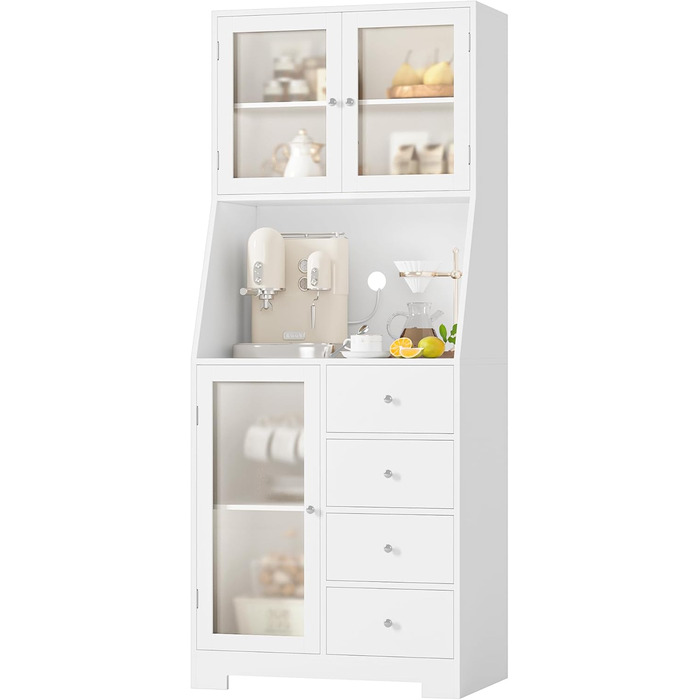 Кухонна шафа HOCSOK 163 см з робочою поверхнею, буфет, шафа для зберігання продуктів, 3 дверцята та 4 висувні ящики, висока шафа для кухні, вітальні, їдальні, бару, білий колір