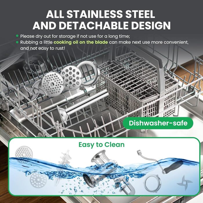 М'ясорубка ручна Huanyu з нержавіючої сталі та насадкою для ковбас, посудомийна, розмір 10