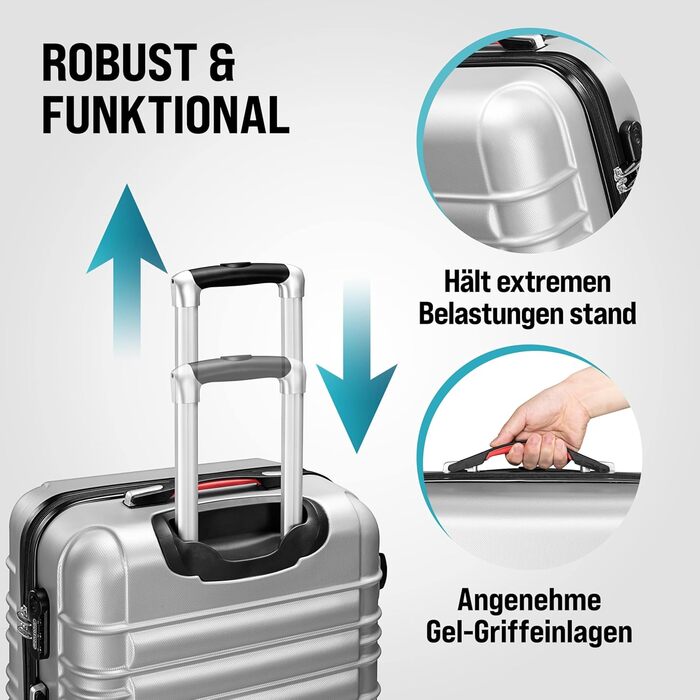 Набір валіз Monzana® 4 шт. з замком, органайзером, вагами та ременями. Валізи з жорсткою конструкцією S-M-L-XL (Срібний)