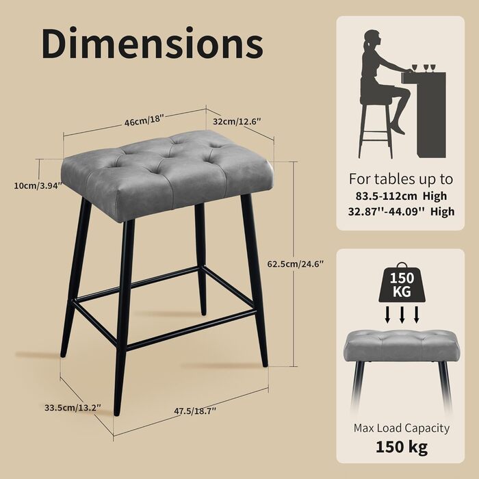 Набір з 2 барних стільців з мікрофібри, сірого кольору, з підніжкою, 62.5 см, без спинки для кухні, бістро, їдальні