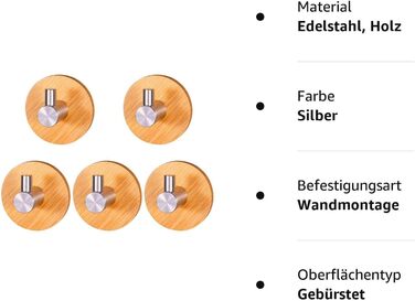 Гачок для рушників дерев'яний, MOPOIN 5 шт. Вішалка для рушників Дерев'яний самоклеючий гачок 304 Самоклеючий гачок з нержавіючої сталі та бамбука для стіни, дерев'яний бамбуковий настінний гачок, клейкий гачок для вітальні, ванної кімнати, спальні