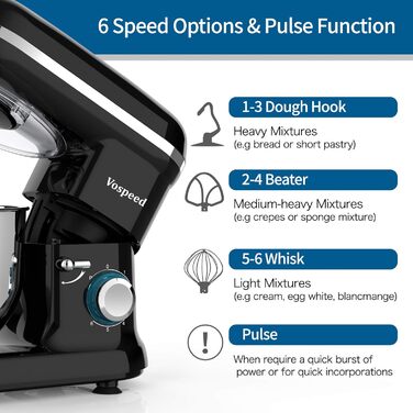 Електричний кухонний міксер Vospeed 1500W з 6 швидкостями та мискою 6.2QT (чорний)