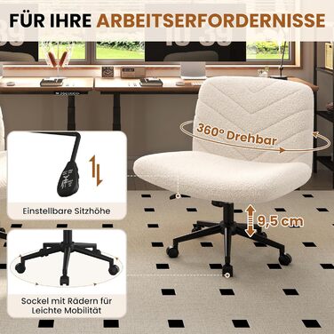 Офісне крісло Yaheetech з роликами, регульоване по висоті, з широким сидінням та середньою спинкою, для офісу та спальні, з колесами (слонова кістка)