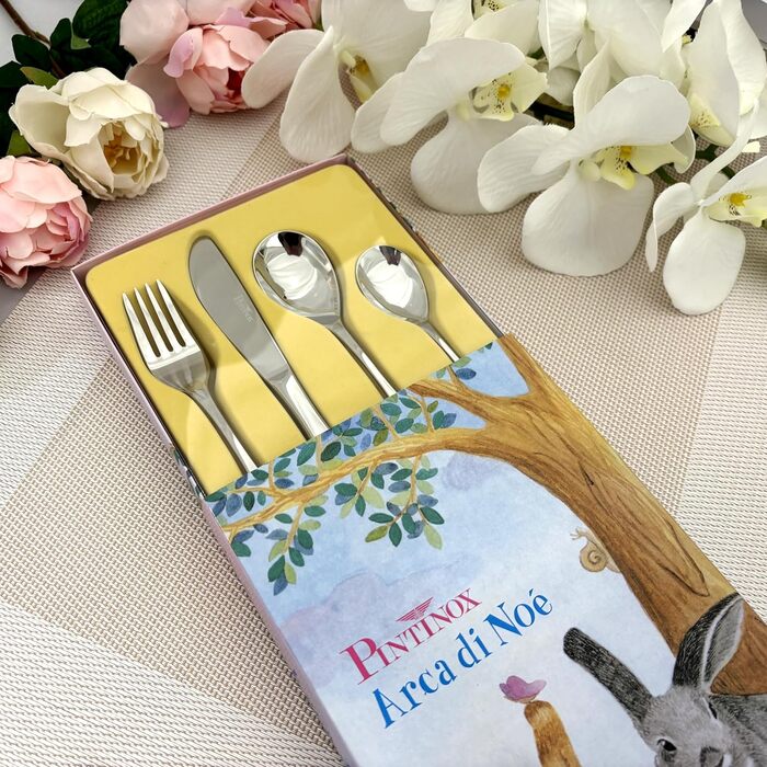 Набір дитячого посуду Kinder Arche Noe з гравіюванням, нержавіюча сталь, 4 шт. | Подарунок на хрещення