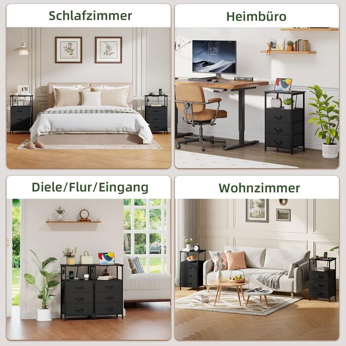 Нічний столик Somdot з підзарядкою, LED, розеткою (USB, Type-C) для спальні, вітальні, дитячої кімнати, чорний, 30x40x60/72 см (2/3 ящики)