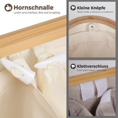 Кошик для білизни OUSFOT з кришкою, 3 відділення, 158л, сортер для білизни, знімний мішок, сітчаста кишеня, бамбукова коробка для білизни, бежевий