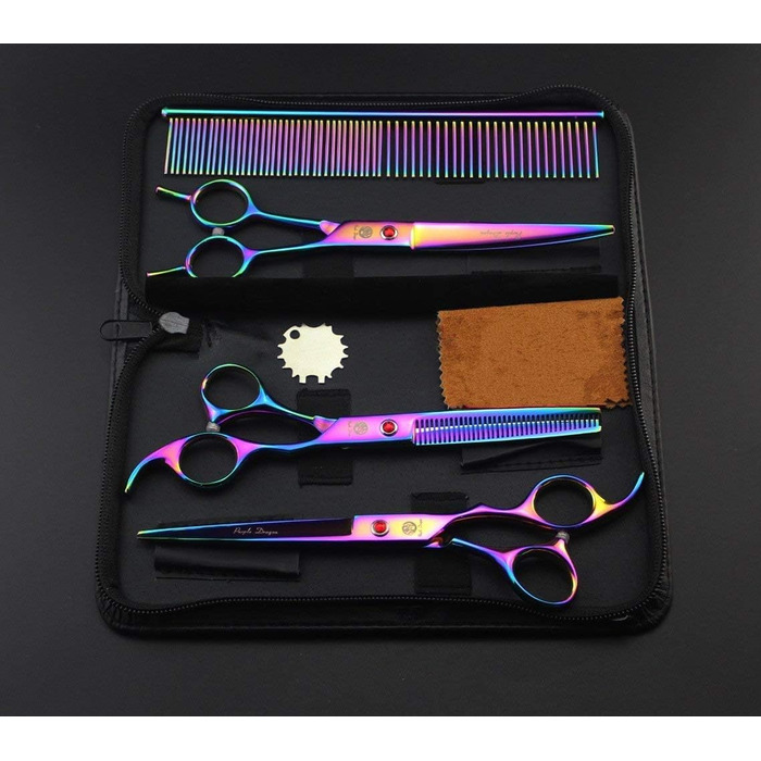 Набір ножиць для стрижки та проріджування шерсті для собак Purple Dragon, 7,0-дюймова прикраса зі стразами, 3 шт.-рожевий (кольори веселки)