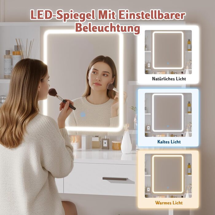 Трюмо JUMMICO з LED-підсвічуванням, дзеркалом та гачками для прикрас, 2 шухляди, 4 відкриті полиці, білий колір