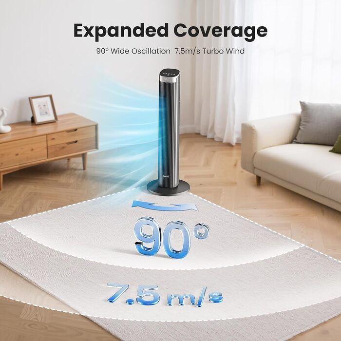 Турбовентилятор Leiser 91 см з осциляцією, пультом дистанційного керування та Wi-Fi, 4 швидкості, 4 режими, таймер 12 годин, чорний