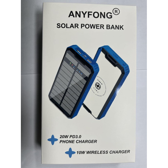 Сонячний пауербанк ANYFONG 30000mAh, бездротовий, PD20W, USB-C, 4 виходи, кемпінгове світло, синій