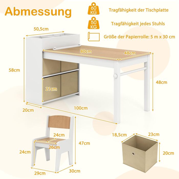 Дитячий столик та 2 стільчики DREAMADE з дерева, з паперовою рулонною полицею, 4 текстильними боксами та відділеннями для зберігання. Дитячий столик для малювання та ігор у дитячу кімнату (Натуральне дерево)