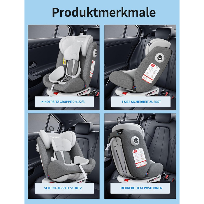 Автокрісло Fourward Baby 360° - ISOFIX, 9-36 кг, Група 0+1/2/3, 5-точкові ремені, сірий колір