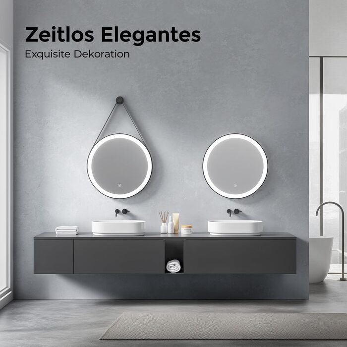 Круглий дзеркало для ванної кімнати з підсвічуванням 60см, LED дзеркало з регулюванням яскравості, сенсорне керування, чорна рама, знімна стрічка, 6500K (холодне світло)