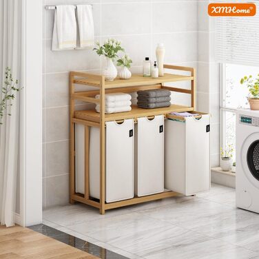 Бамбуковий сортер для білизни з 3 відділеннями, 148 літрів, 2 яруси, великий кошик для білизни з знімним мішком, прямокутна коробка для ванної, спальні та пральні, 77.5x41.3x100.5 см, бежевий (сірий)