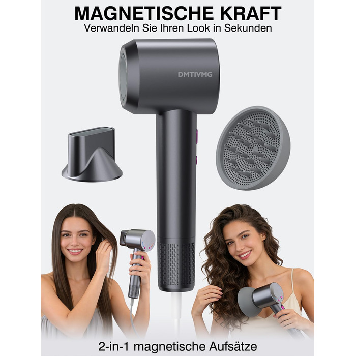 Іонний фен для волосся з високошвидкісним безщітковим двигуном 160 000 об/хв, 500 млн негативних іонів, 12 режимів, магнітна насадка, низький рівень шуму