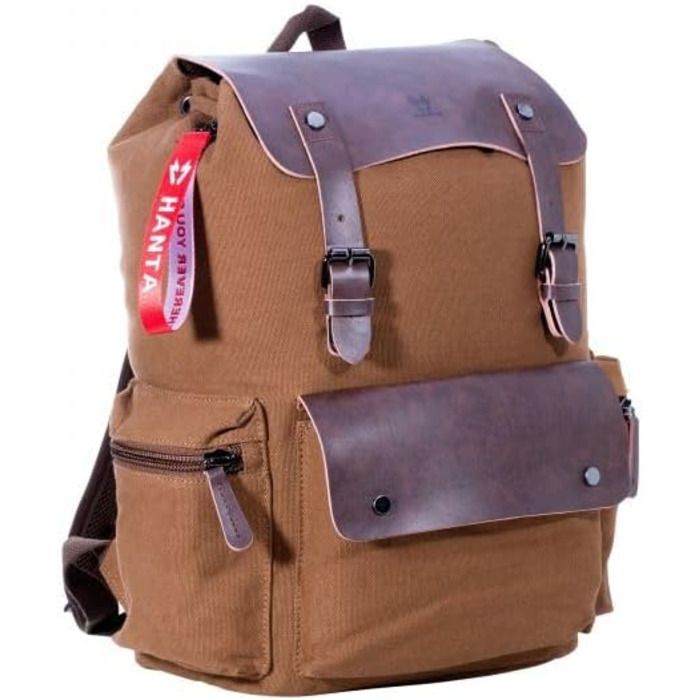 Рюкзак Hanta Nature Backpack Canvas 25L зі шкіри та брезентової тканини туристичний рюкзак для екскурсій, кемпінгу, повсякденний рюкзак для чоловіків та жінок зі шкіряними ременями та блискавкою (коричневий)