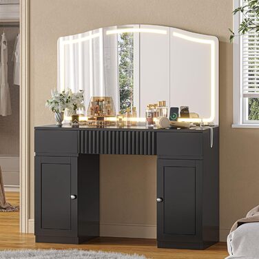 Великий туалетний столик AOGLLATI з великим дзеркалом та регульованою LED-підсвіткою. Косметичний столик з розетками, 3 висувними ящиками та 2 шафками. Сучасний туалетний столик для спальні (білий/чорний)