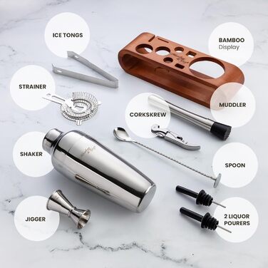 Набір для приготування коктейлів Mixology & Craft Cocktail Set (10 предметів) - Набір шейкерів для коктейлів з нержавіючої сталі з аксесуарами для бару на дерев'яній бамбуковій підставці - Декоративний подарунковий набір - Сріблястий