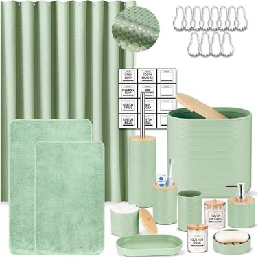 Набір аксесуарів для ванної кімнати IMAVO, 9 предметів: сміттєвий бак, дозатор мила, мильниця, тримач для зубних щіток, стакан для зубних щіток, тримач для унітазного йоржика, дозатор для ватних паличок (зелений, 26 предметів + шторка для душу з текстурою