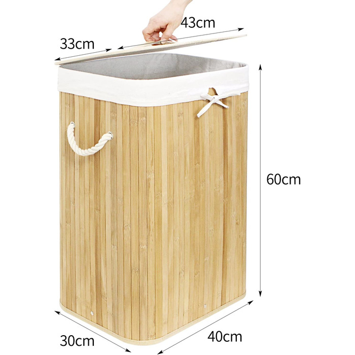 Кошик для білизни WM Homebase, бамбукова складна коробка для білизни, знімний мішок для білизни 35x35x60 см (прямокутна форма 72L, натуральний колір)