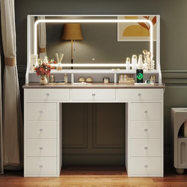 Дзеркальний туалетний столик Dripex з підсвічуванням, 11 шухляд, великий LED-дзеркало, розетка, регульована яскравість, білий (110см, вінтажний коричневий)