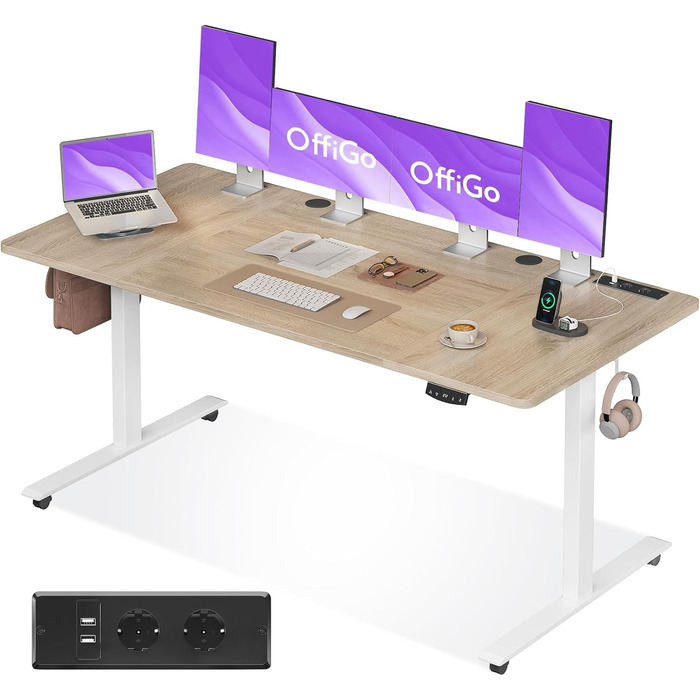 Регульований стіл OffiGo 180 см з USB, електричний, з пам'яттю, для офісу та дому, бежевий
