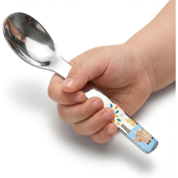 Дитячий ергономічний набір столових приборів Puresigns (4 шт.) з нержавіючої сталі 18/10 – Безпечний та довговічний – Мотиви лісових тварин (ведмедик, барсук, кабан) – Можна мити в посудомийній машині – Ідеально для малюків та тих, хто вчиться їсти