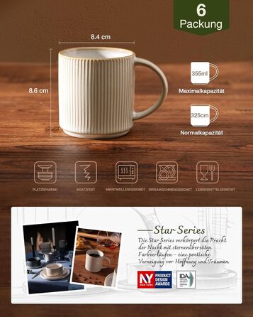 Набір тарілок Star 12 предметів для 4 осіб, керамічний посуд, стійкий до подряпин, для мікрохвильовки та посудомийної машини (Капучино, чашки 355 мл, 6 шт)