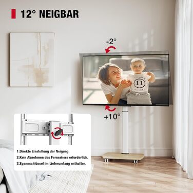 Підставка для телевізора на колесах з полицею, для телевізорів 32-65 дюймів, до 35 кг, поворотна на 90°, регульована по висоті, VESA 400x400mm (Білий+Натуральний колір)