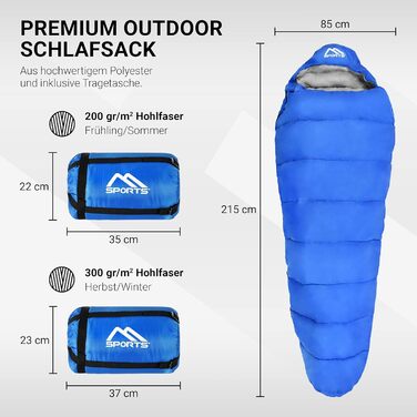 Спальний мішок MSPORTS Premium Outdoor з ременем для перенесення - на вибір для весняно-літнього (200 г/м) або осіннього/зимового (300 г/м) кемпінгу, подорожей, фестивалю теплий спальний мішок для мумій (Royal Blue, 200 г/м весна/літо)