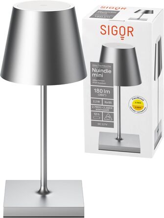 SIGOR Nuindie - LED акумуляторна настільна лампа, димування, для дому та вулиці, 38 см, срібна (Mini, Easy Connect)