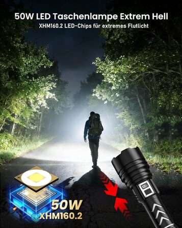 Потужний тактичний ліхтарик Shadowhawk LED 1 000 000 Лм, 50Вт, акумулятор 6000mAh, дальність 1000м, LCD-дисплей, функція розпалювання вогню, чорний — для кемпінгу та виживання