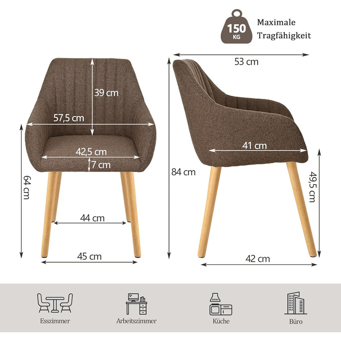 Крісло для обідньої зони з підлокітниками, бежеве, на дерев'яних ніжках, з м'яким сидінням (4 шт., коричневий поліестер)