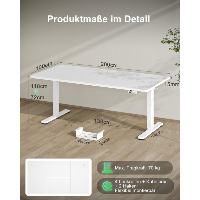 Електричний стіл Devoko з регулюванням висоти 200x80 см, білий, з USB-C зарядкою та органайзером для кабелів