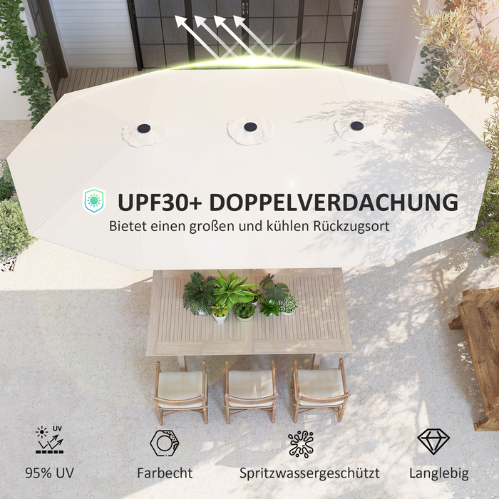 Outsunny Double Parasol 436 x 260 см, Сталева парасолька із захистом від ультрафіолету з ручною рукояткою, Овальна балконна парасолька Пляжна парасолька Вітрозахисна стабільна ринкова парасолька Колінчастий парасольку для пляжного балконного саду, бежева