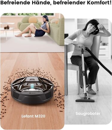 Робот-пилосос LEFANT M320 з вологою, 6000Pa, ущільнення, App/Alexa, чорний