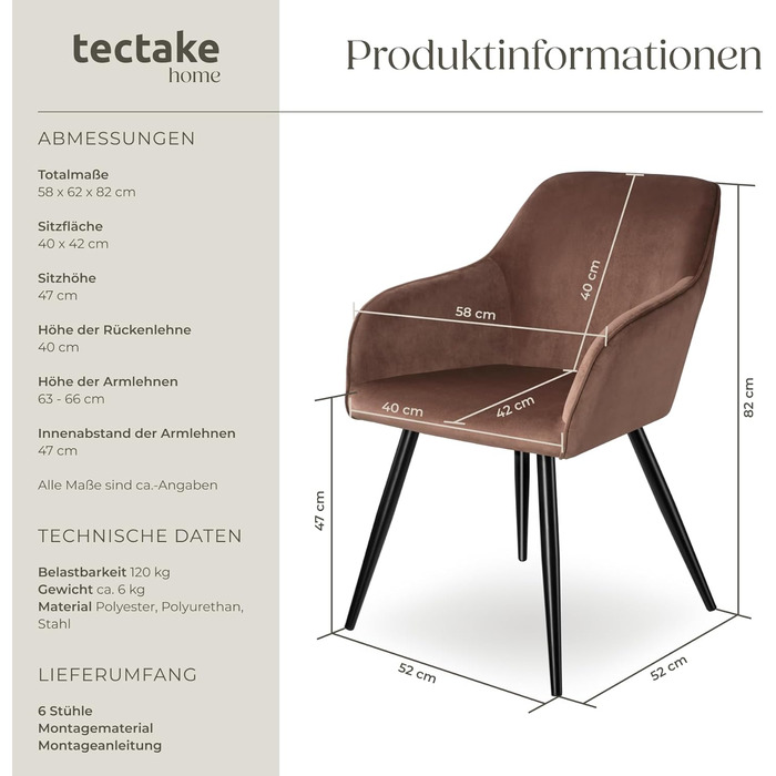 Крісло Tectake® для вітальні та обідньої кімнати з підлокітниками, м'яке крісло з оксамитовою подушкою, коричнево-чорне (6 шт. в наборі)