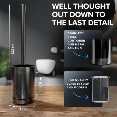 Торцева щітка для унітазу ROMO | Силіконова щітка для унітазу | З вентиляцією | Свободно стояча | Замінний WC-головка з нержавіючої сталі | Знімна підставка для крапель | Торцева щітка без кріплення до стіни (Без бачка, Gunmetal)