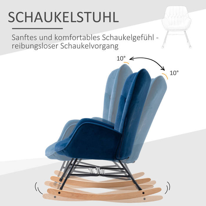 Крісло-гойдалка HOMCOM з капюшоном Rocking Chair Велика комфортність Підлокітники Сидіння Спинка оббита високощільним велюром Синій | Aosom