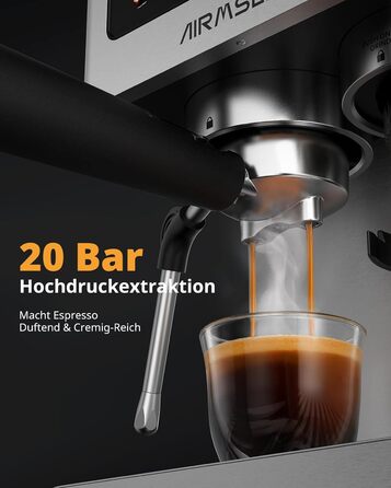 Еспресо-машина Siebträger з прозорою колбою, 20 Bar, автоматичний спінювач молока, для капучино та лате, Dual Boiler (1350W & 1000W), 15s екстракція, нержавіюча сталь, бак 1.8L, сенсорний дисплей, автоматичний спінювач молока (з млинком)