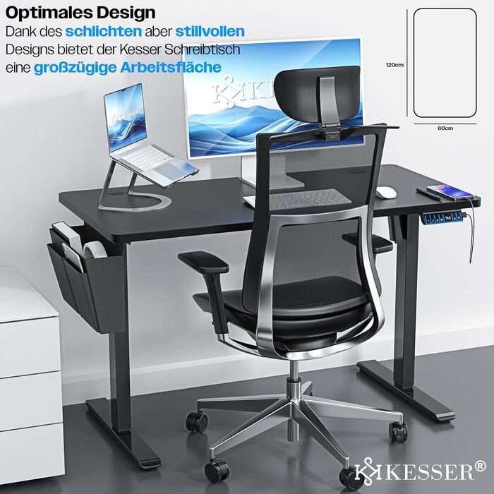 Електричний регульований стіл KESSER® 100x60 см | Ергономічний стіл для стоячи/сидячи | Пам'ять 3-х позицій | З роликами 360° та USB-портом | Чорний | Для дому та офісу
