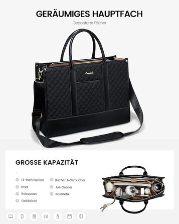 Сумка для ноутбука LOVEVOOK, шкіряна, чорна, 14 дюймів. Сумка-шоппер, ділова сумка, портфель для роботи, навчання, офісу та університету. Водостійка, велика, для ноутбука, ділової жінки.