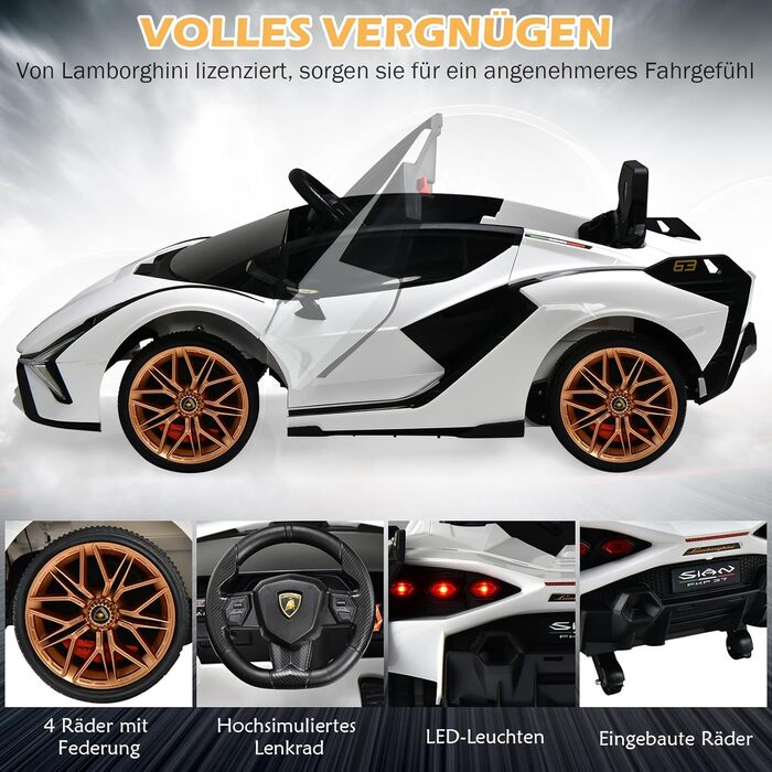 Дитячий електромобіль Lamborghini Goplus з пультом керування, Bluetooth, USB, музикою та сигналом, 3-5 км/год, для дітей 3-8 років, білий