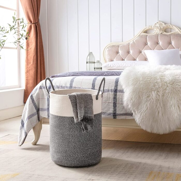 Кошик для білизни Youdenova плетені, 58л, ручка, ручна робота, бавовна, білий/коричневий, сірий (темний)