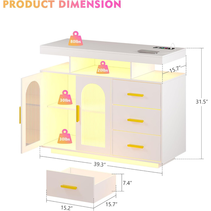 LED комод-тумба Gurexl з бездроговою зарядкою, RGB-підсвічуванням, сенсорами та регульованими полицями (80x40x100 см), білий